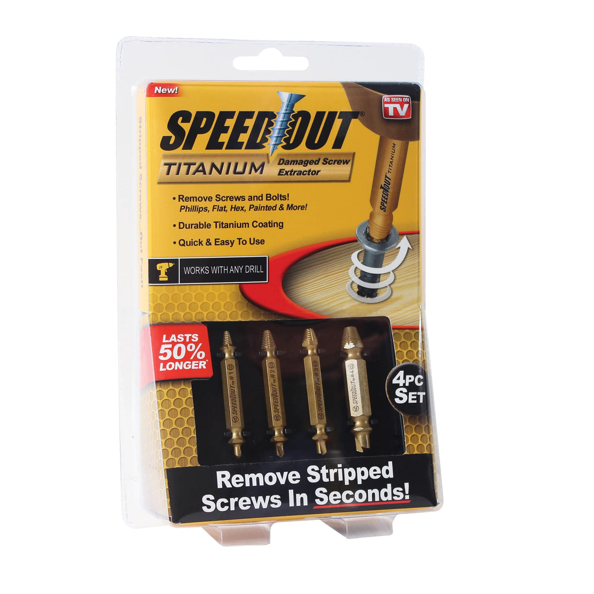 Ontel Speed Out kit front view shows a portable 4-piece set ready for fast screw removal.