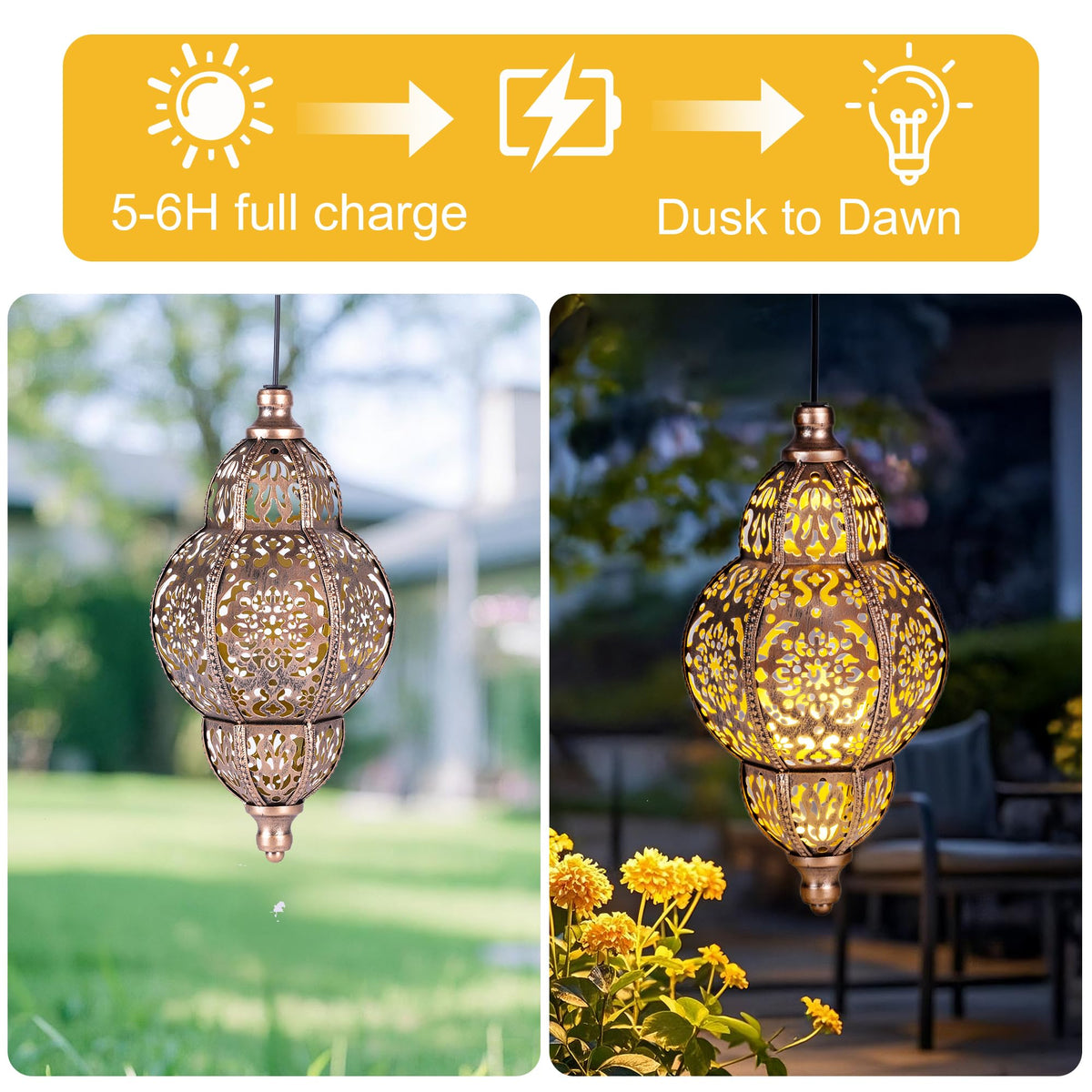 ONWEII Moroccan lantern with lotus cutouts creates decorative light patterns along paths