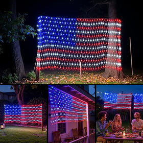 ooLALoo American Flag Lights outdoor display with 420 LEDs for bright patriotic illumination.