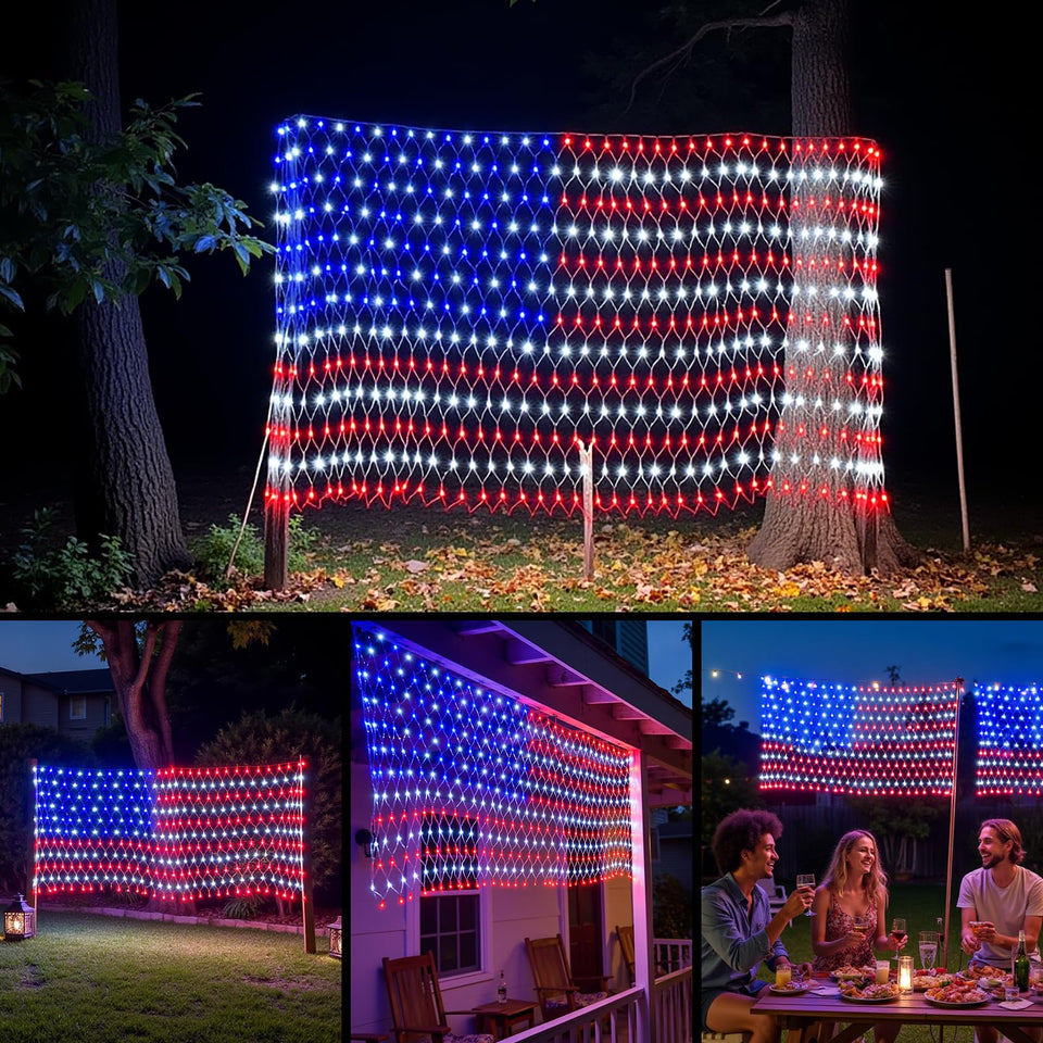 ooLALoo American Flag Lights outdoor display with 420 LEDs for bright patriotic illumination.