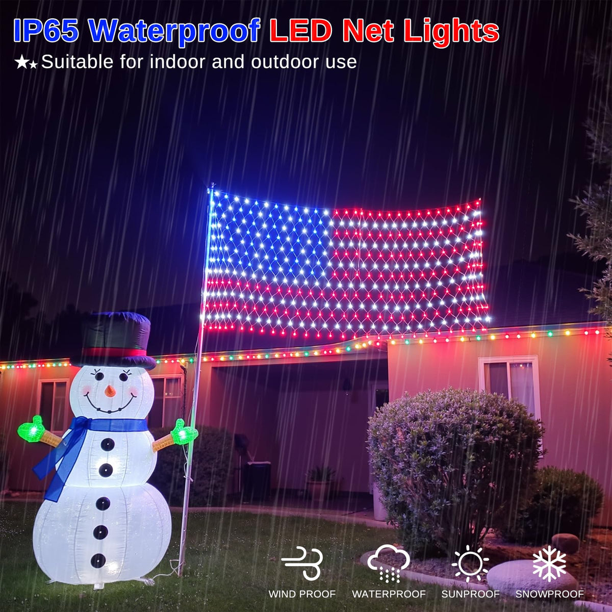 ooLALoo waterproof flag lights withstand rain for year-round outdoor decor.
