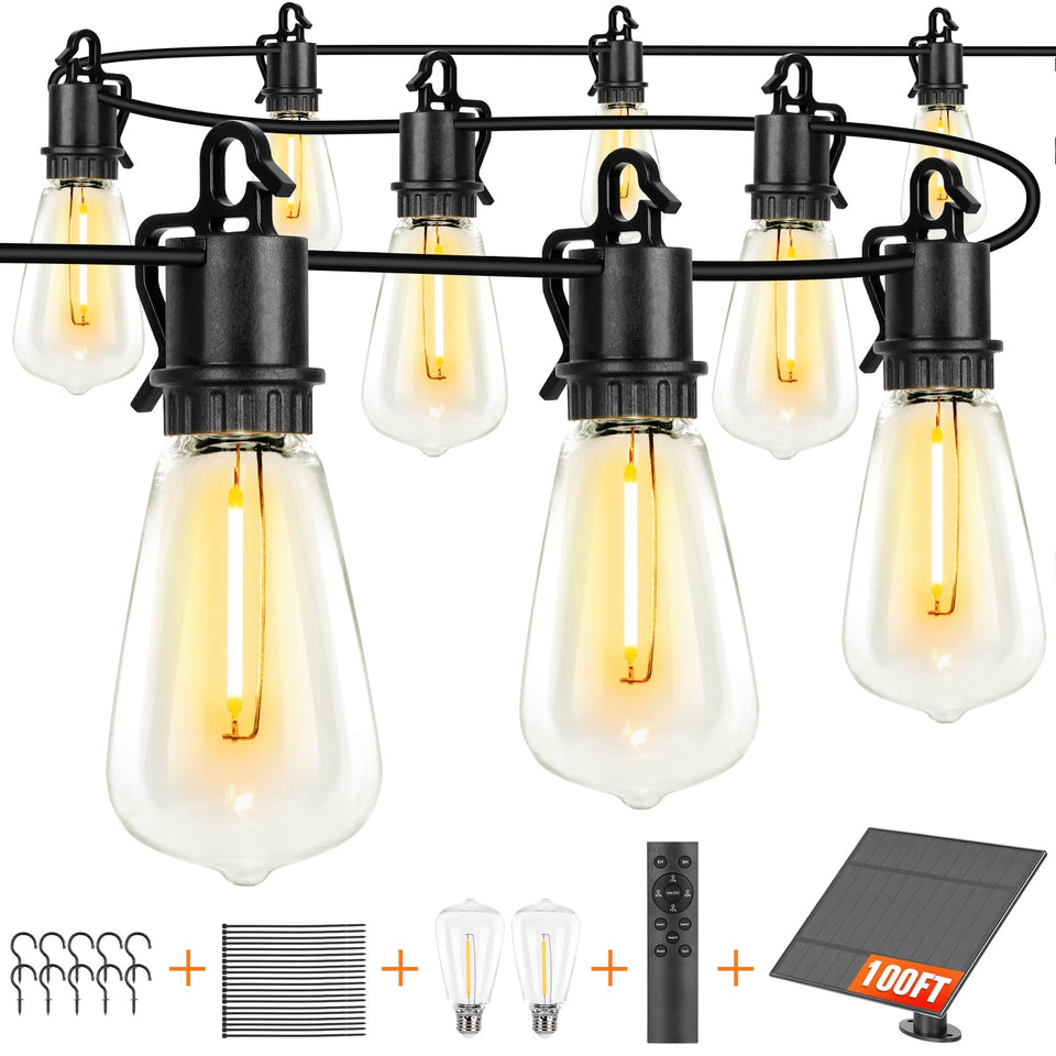 OOOLED solar string lights 100ft illuminate outdoor spaces with a warm, inviting glow