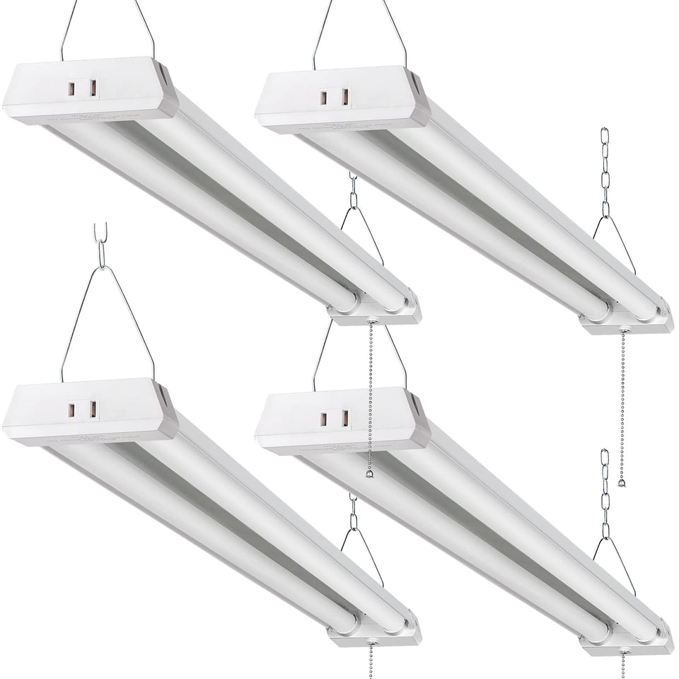 OOOLED 4ft linkable LED shop light mounted in a garage for bright workspace