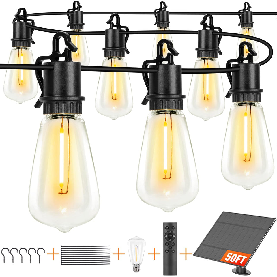 OOOLED 50ft solar string lights with remote dimming for adjustable outdoor ambiance