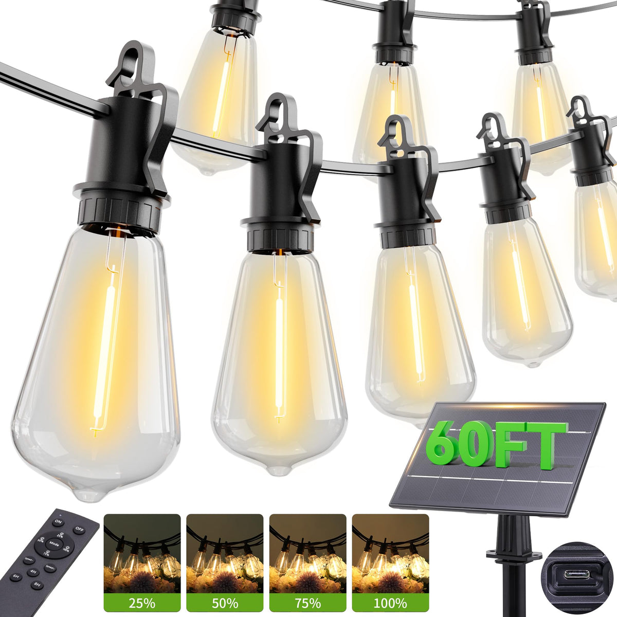 OOOLED 60ft solar string lights outdoors with remote dimming for cozy patio ambiance.