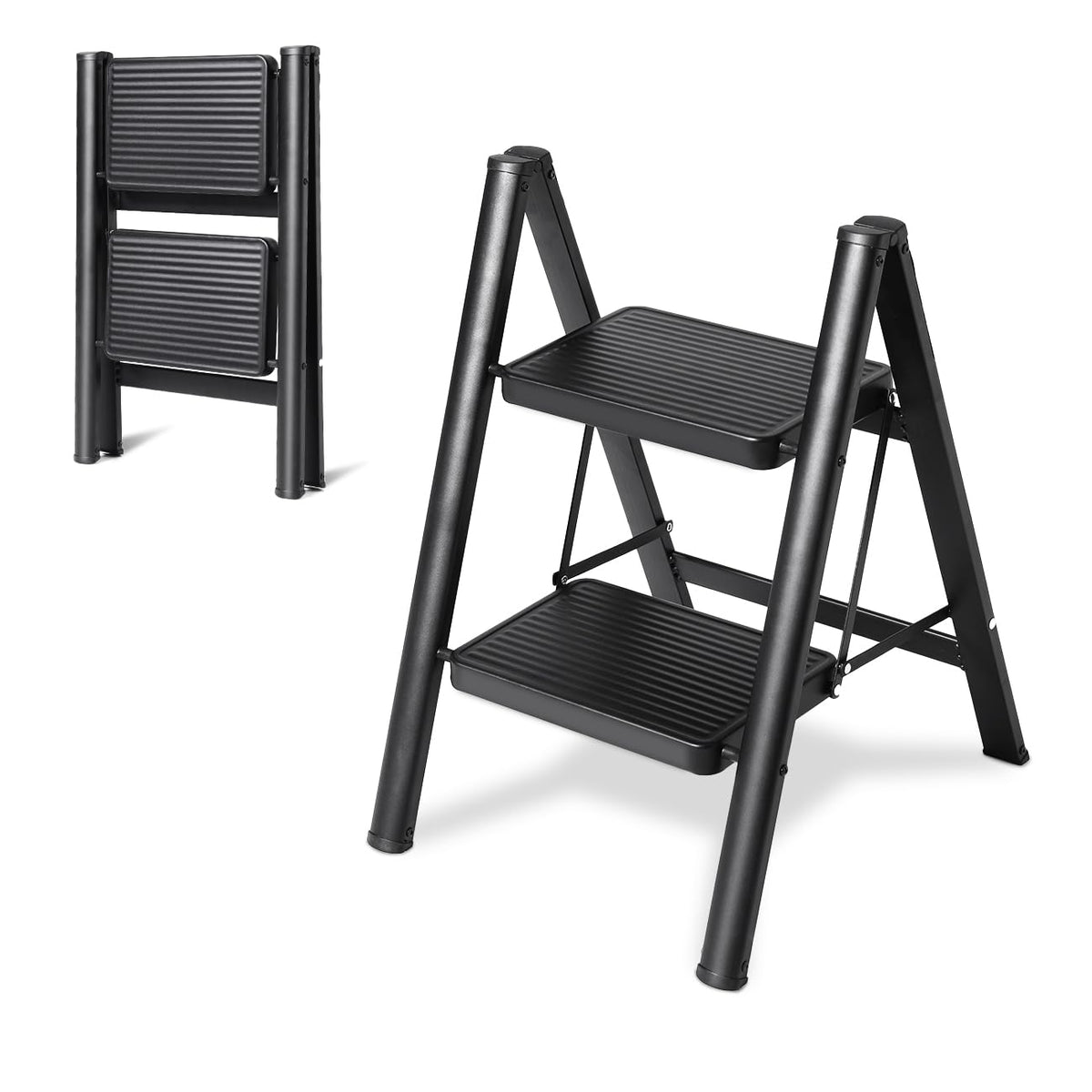 OOSOFITT 2-step ladder folding stool for compact storage and quick access.