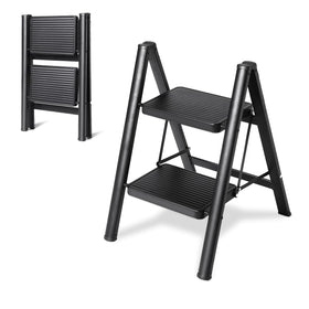 OOSOFITT 2-step ladder folding stool for compact storage and quick access.