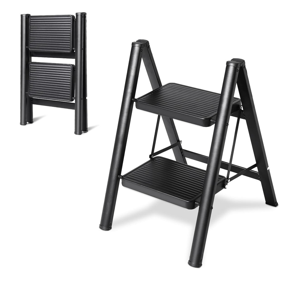 OOSOFITT 2-step ladder folding stool for compact storage and quick access.