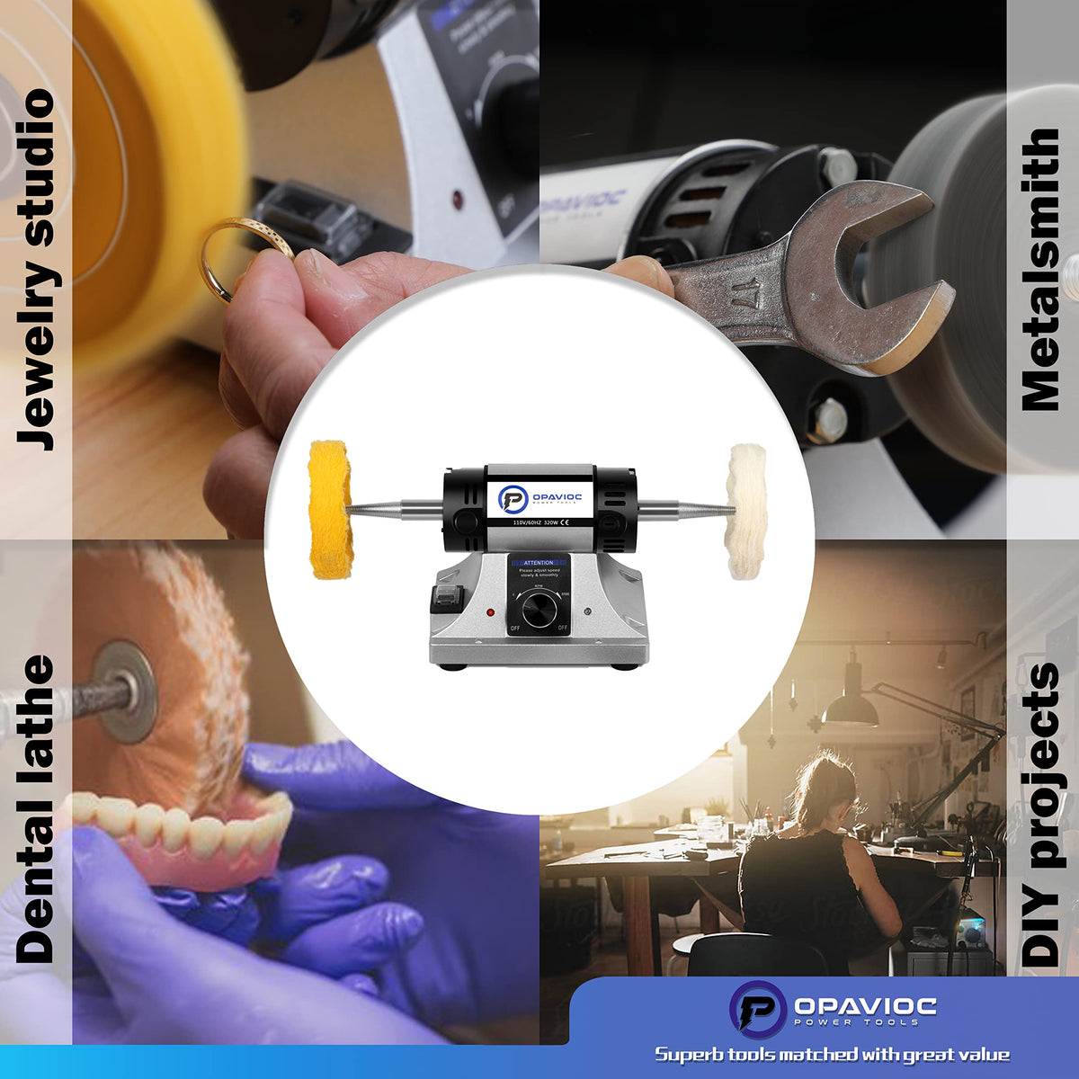 OPAVIOC Jewelry Polisher buffing wheels in use for jewelry finishing