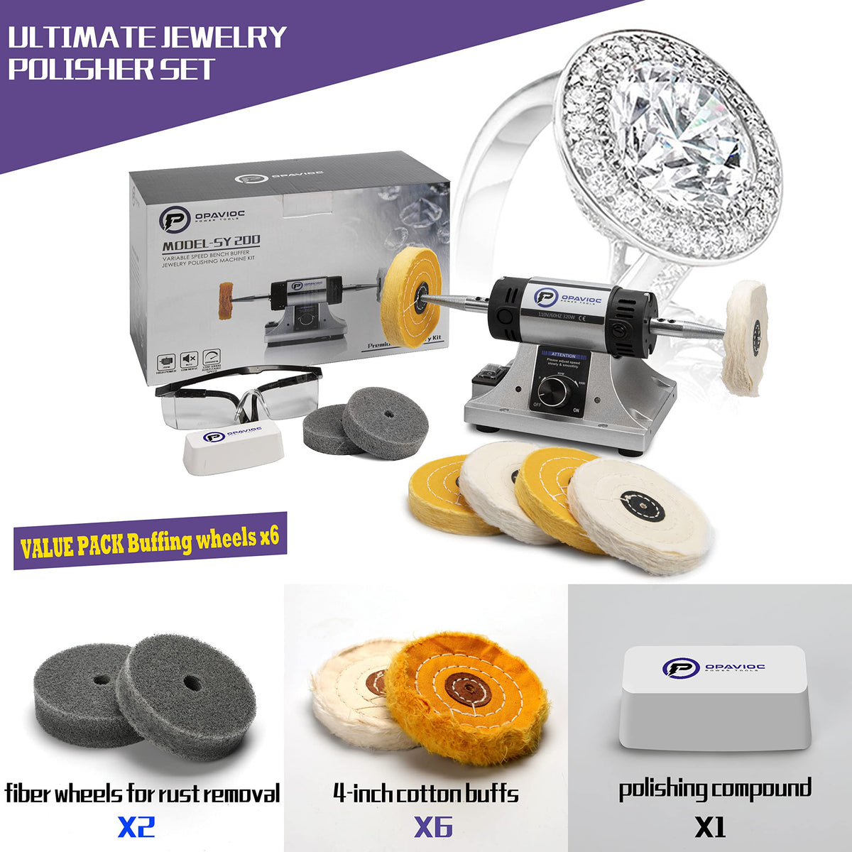 OPAVIOC Jewelry Polisher side profile highlights variable speed control for precise finishes.