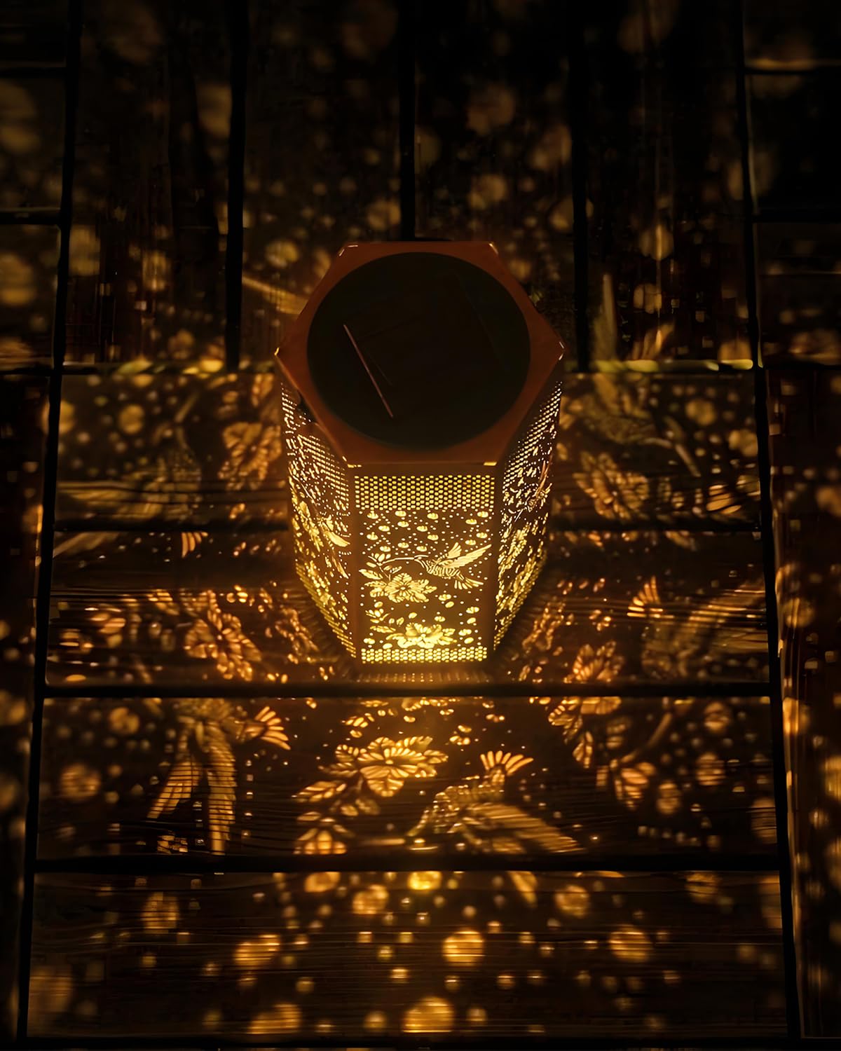 Opjoy hummingbird solar lantern hanging tree setup creates a charming garden focal point.