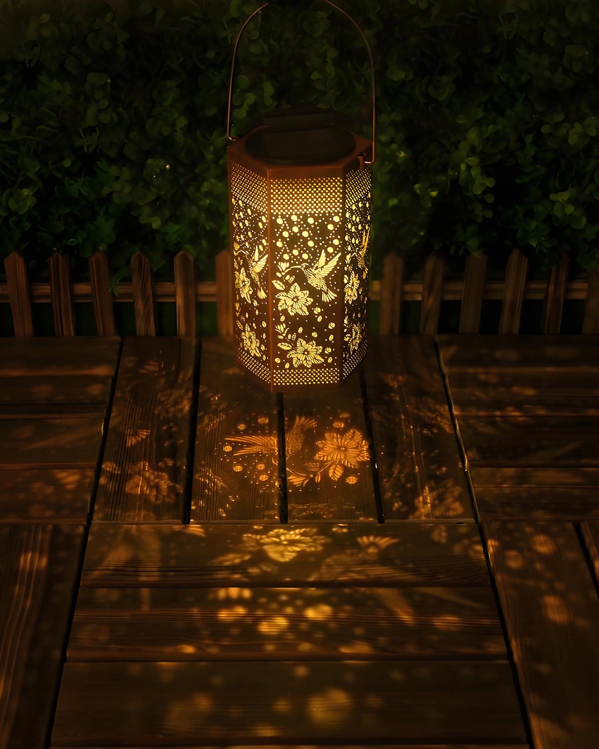 Opjoy hummingbird solar lantern side detail showcases intricate metalwork for elegant ambiance.