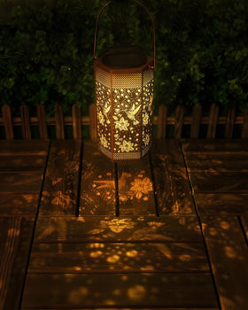 Opjoy hummingbird solar lantern side detail showcases intricate metalwork for elegant ambiance.