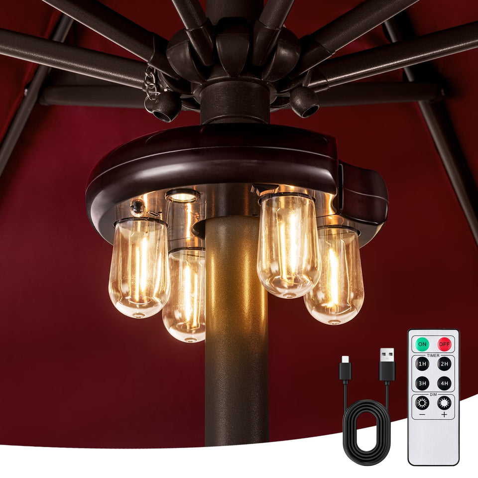 Opoira patio umbrella light with donut design enhances outdoor dining ambience.