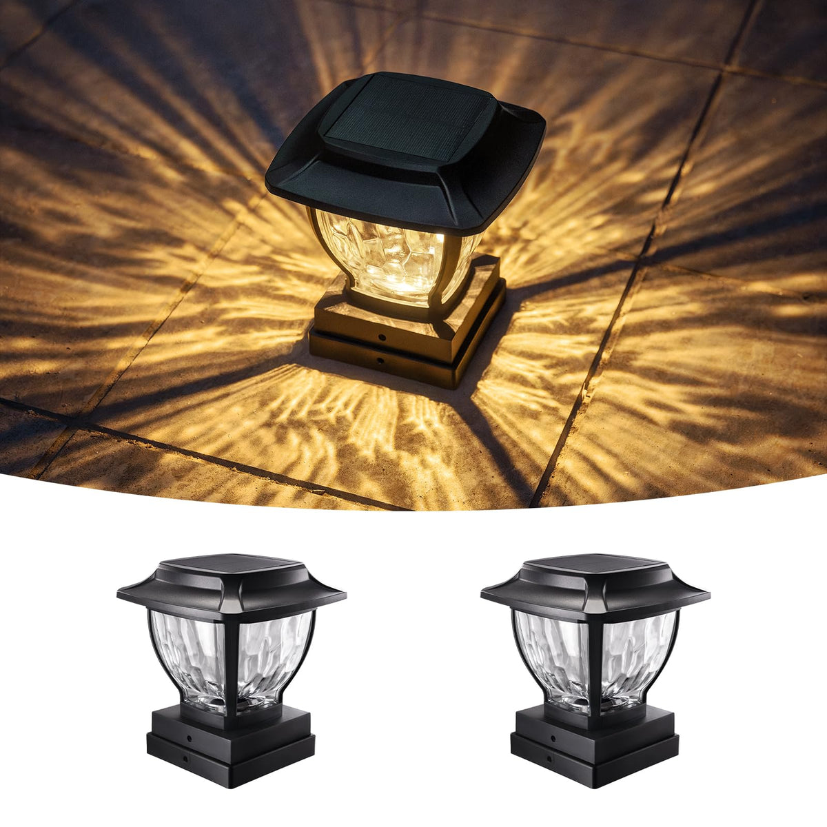 OPOIRA solar post cap light on a 4x4 post with warm glow
