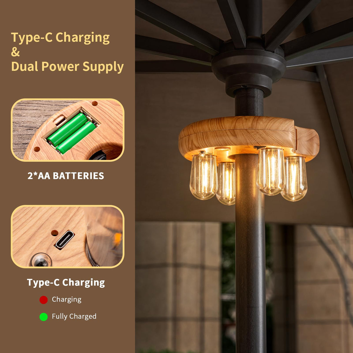OPOIRA wood-grain light with USB-C charging for easy power on outdoor nights