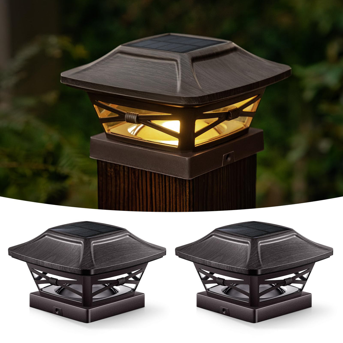 OPOIRA wood grain solar post cap lights glow on a 4x4 post, adding ambient safety.