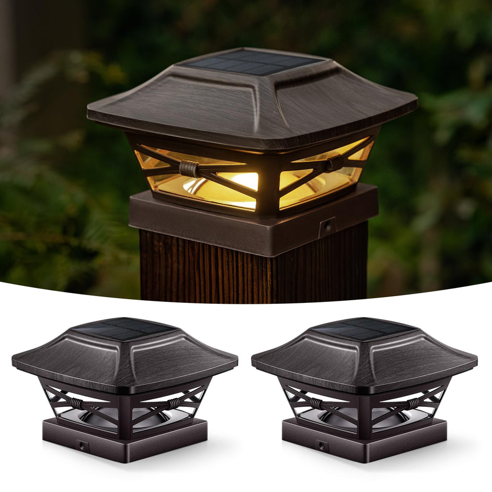 OPOIRA wood grain solar post cap lights glow on a 4x4 post, adding ambient safety.