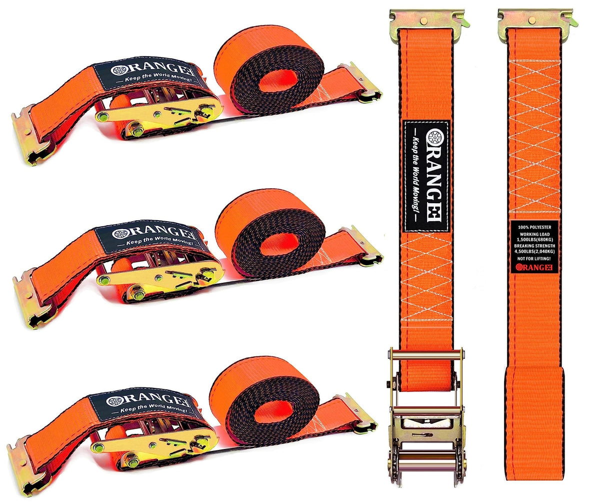 ORANGEE e-track ratchet strap 4500lb bright neon for easy cargo securing.