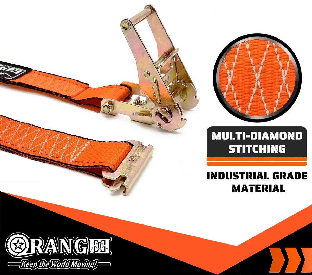 ORANGEE neon orange ratchet strap on universal e-track for versatile truck use.