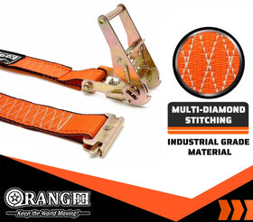 ORANGEE neon orange ratchet strap on universal e-track for versatile truck use.