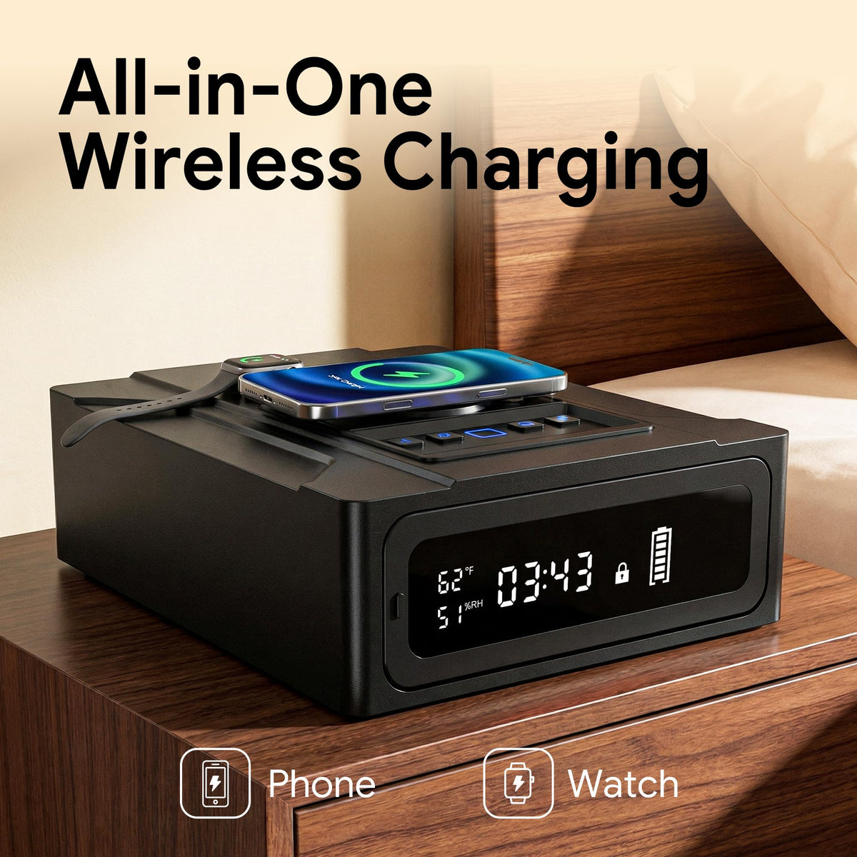 Inside view of ORARAER safe reveals ample space beside the bed for valuables