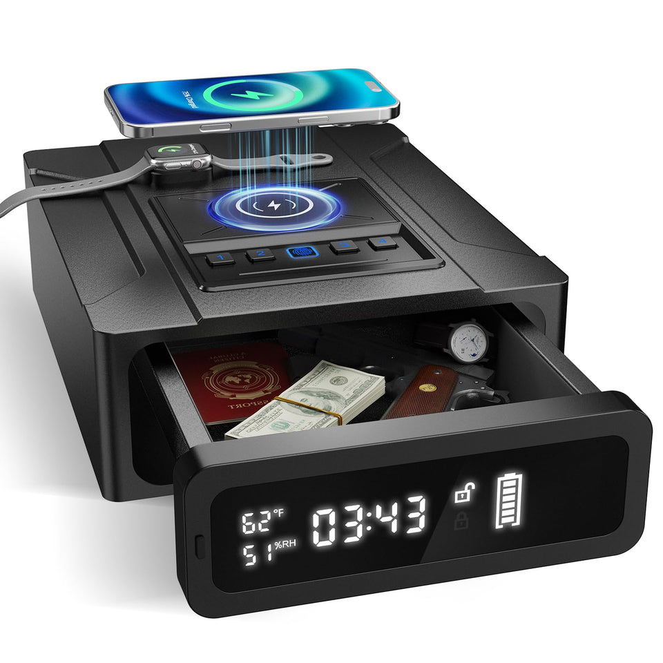 ORARAER biometric gun safe front view shows sturdy construction for home security