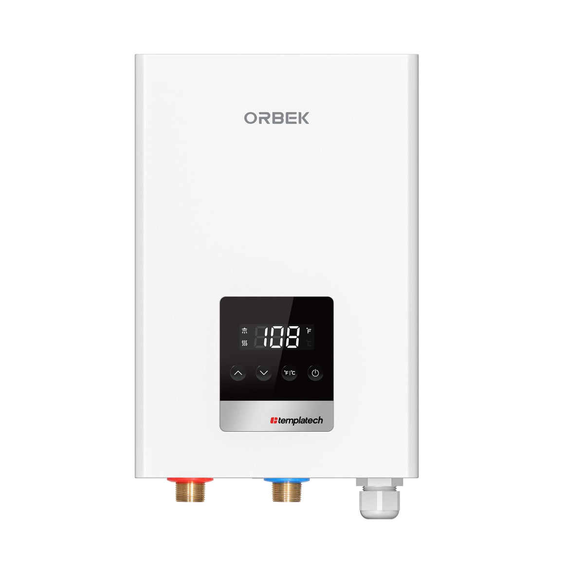 Orbek 14kW tankless water heater front view, space-saving indoor installation.