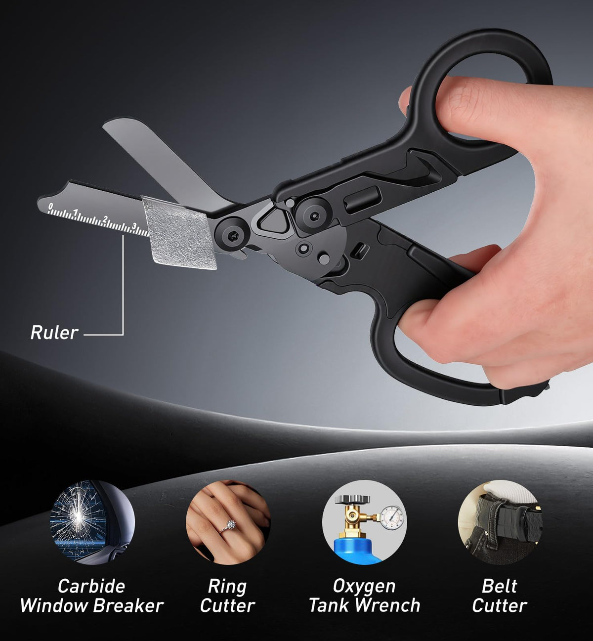 OrbitShell trauma shears with carbide glass breaker for vehicle emergencies.