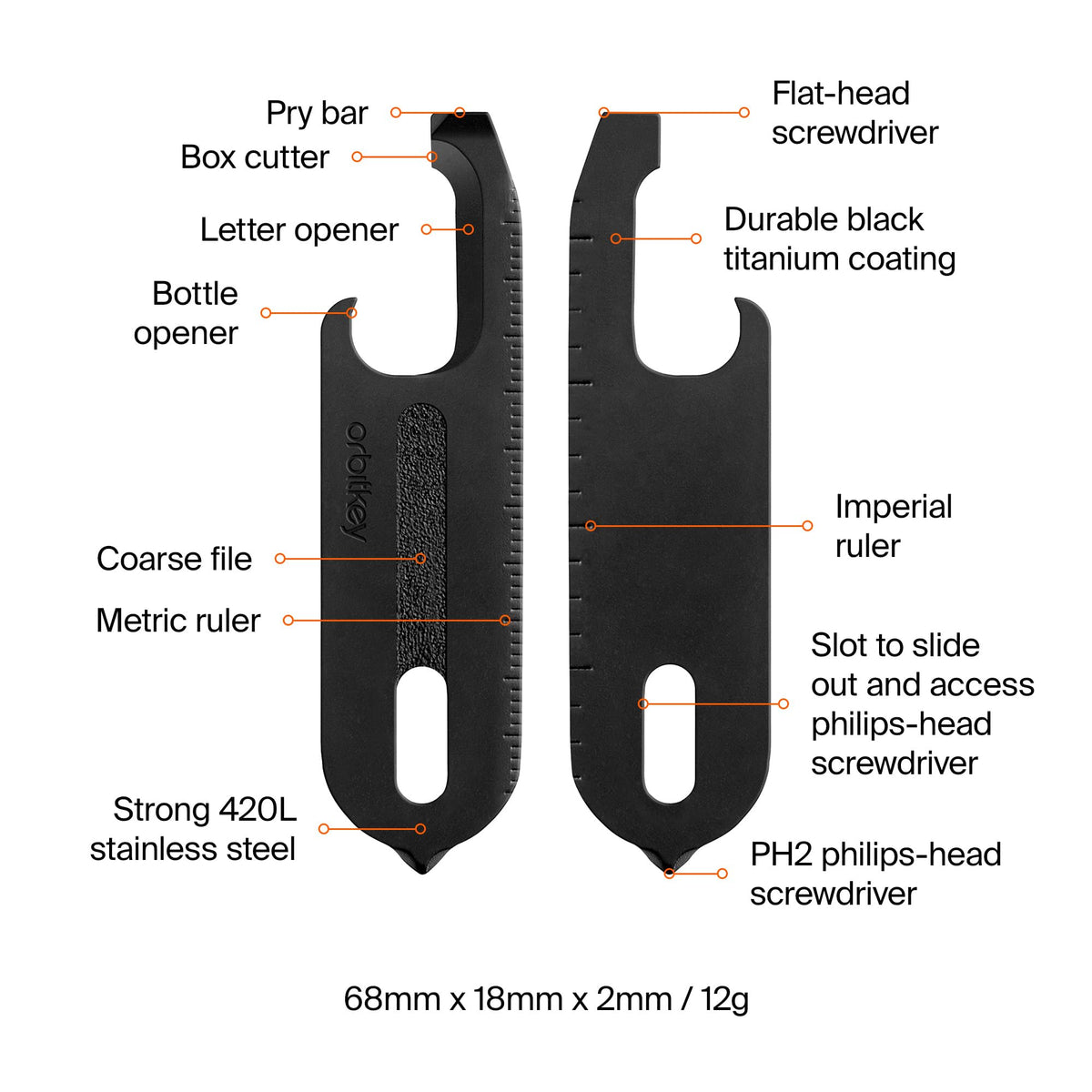 Durable Orbitkey V2, 420 stainless steel with titanium coating in black.