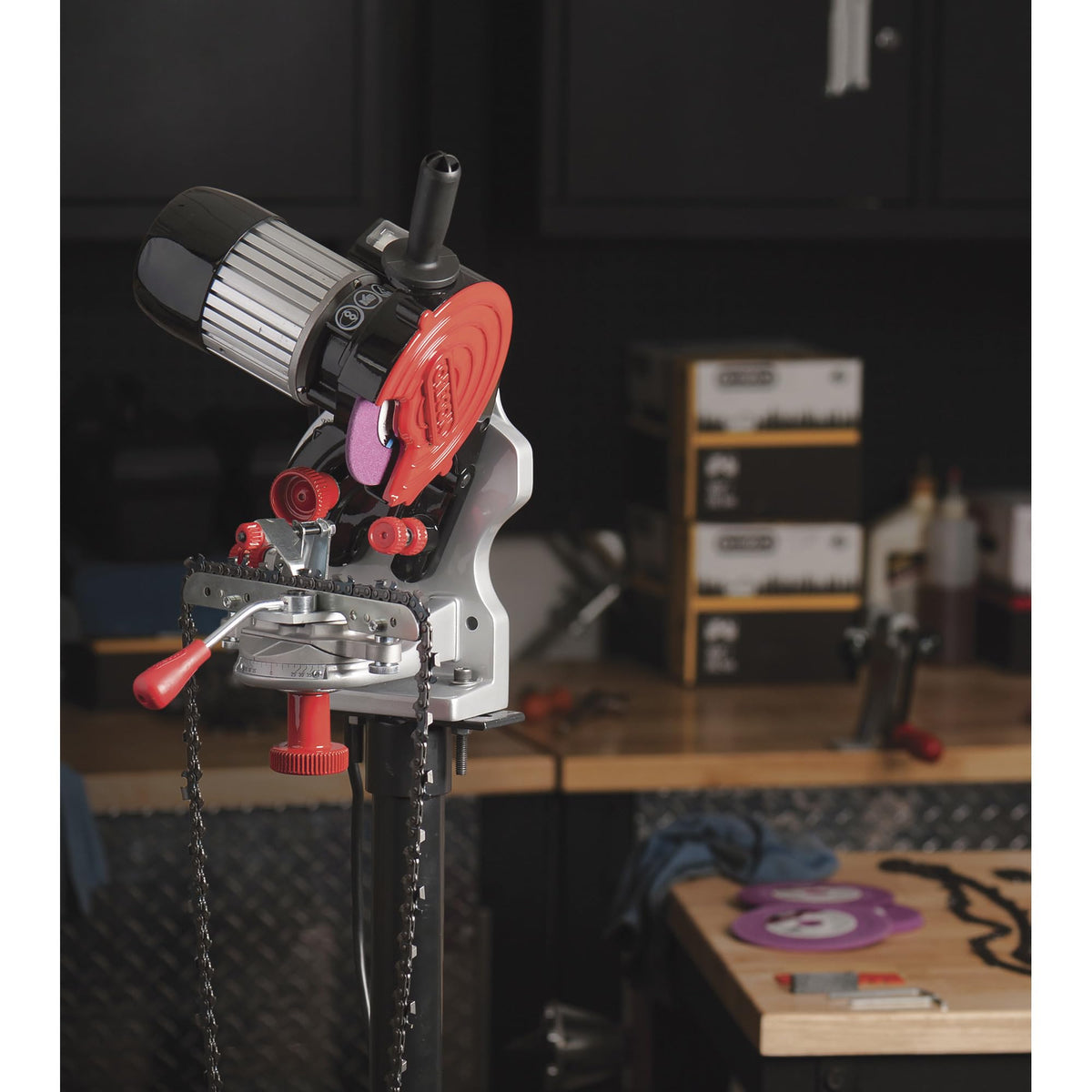 Oregon bench grinder compact side view showing versatile bench or wall mounting for setup.
