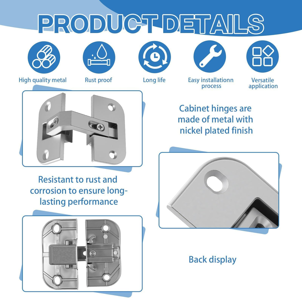 Oreutkd nickel-plated cabinet hinge resists rust for durable performance
