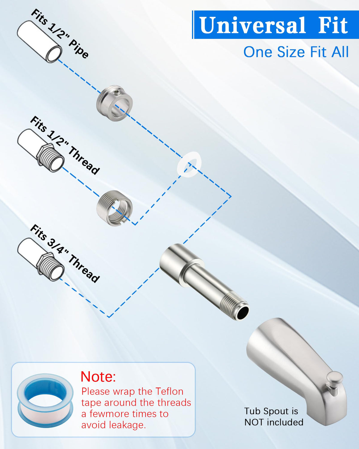 OrgCreator tub spout adapter works with 1-2 IPS pipes for flexible plumbing.