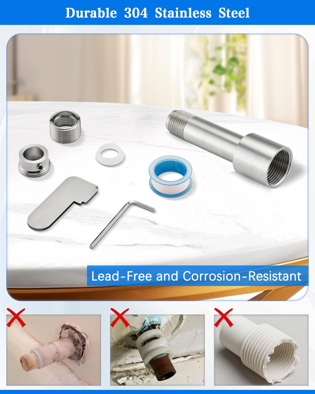 OrgCreator tub spout adapter uses 304 stainless steel for durable, lead-free performance.