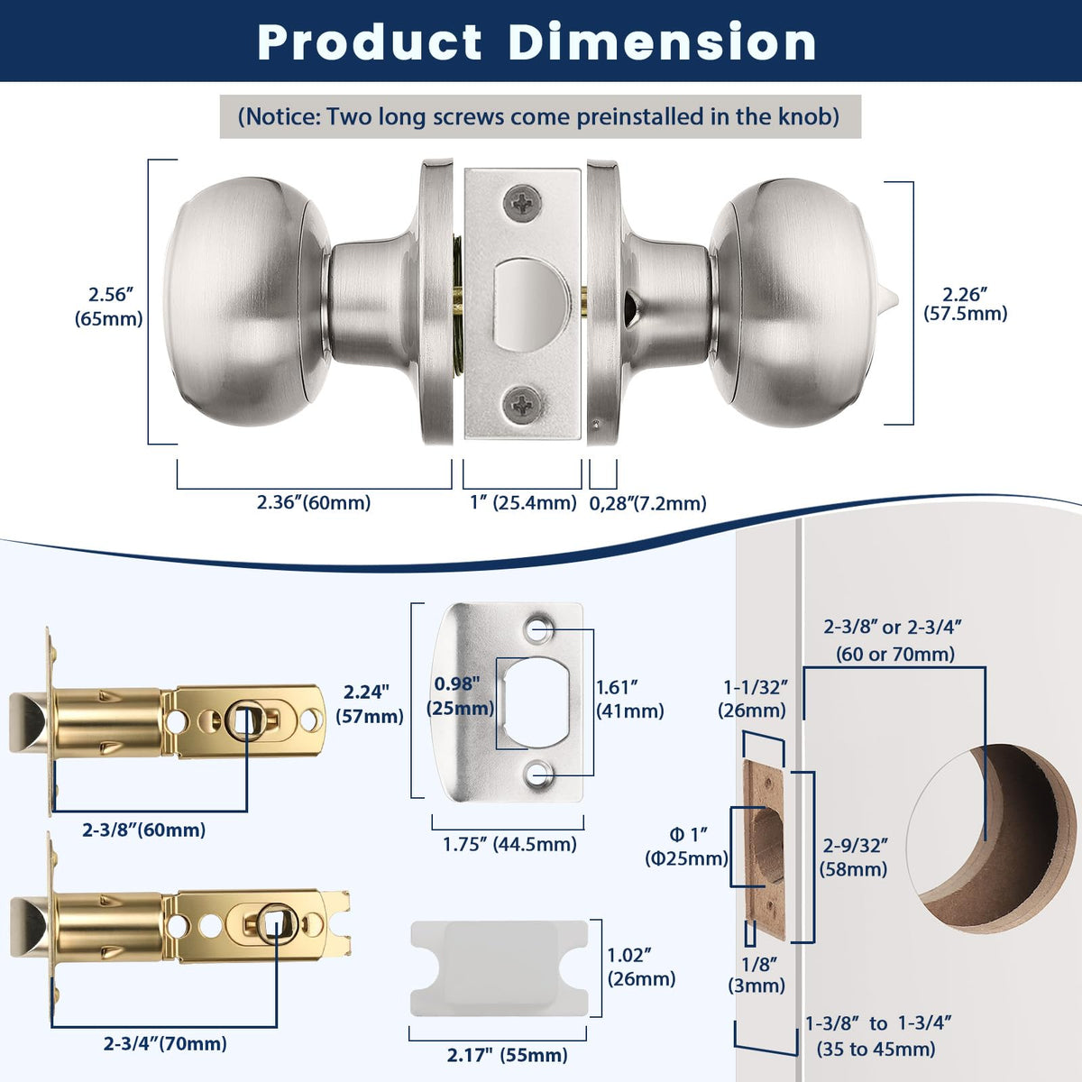 Orger brushed nickel bathroom door knob with keyless privacy lock for quick access.