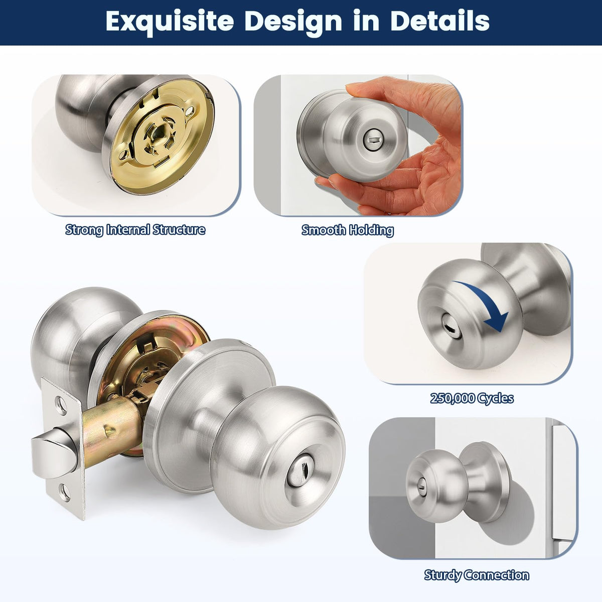 Orger brushed nickel bedroom door knob with adjustable latch for standard doors.