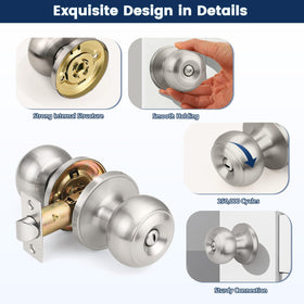 Orger brushed nickel bedroom door knob with adjustable latch for standard doors.