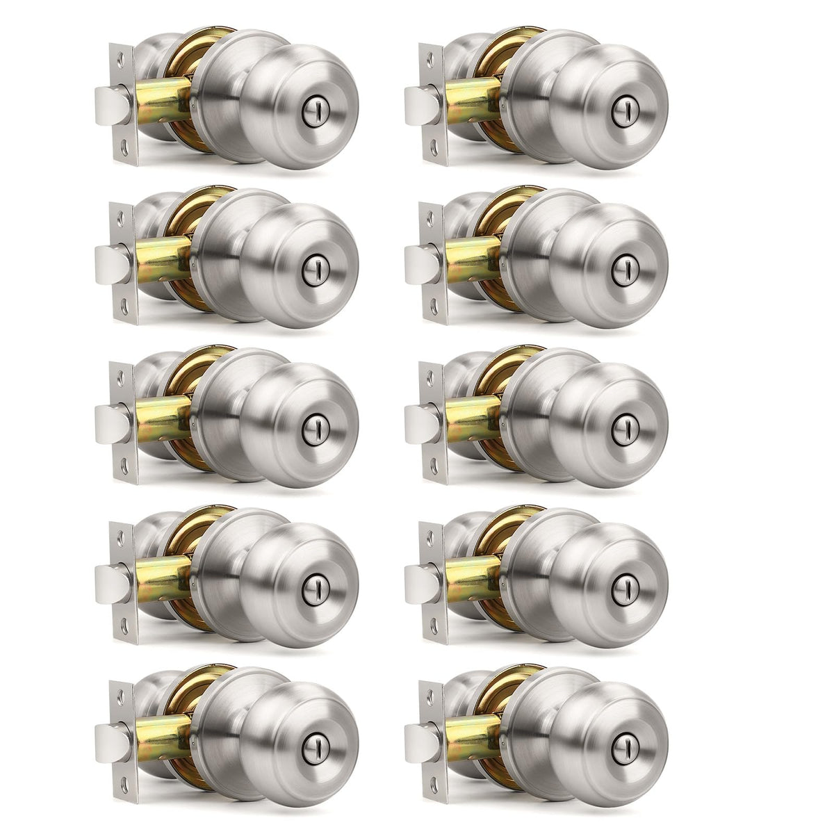 Orger brushed nickel privacy door knob with round interior lock for bathroom and bedroom privacy.