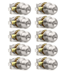 Orger brushed nickel privacy door knob with round interior lock for bathroom and bedroom privacy.