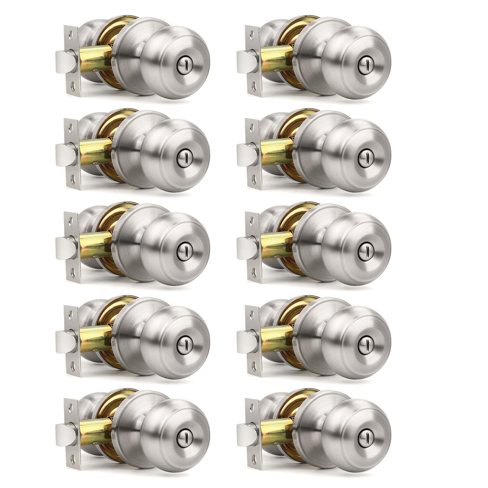 Orger brushed nickel privacy door knob with round interior lock for bathroom and bedroom privacy.