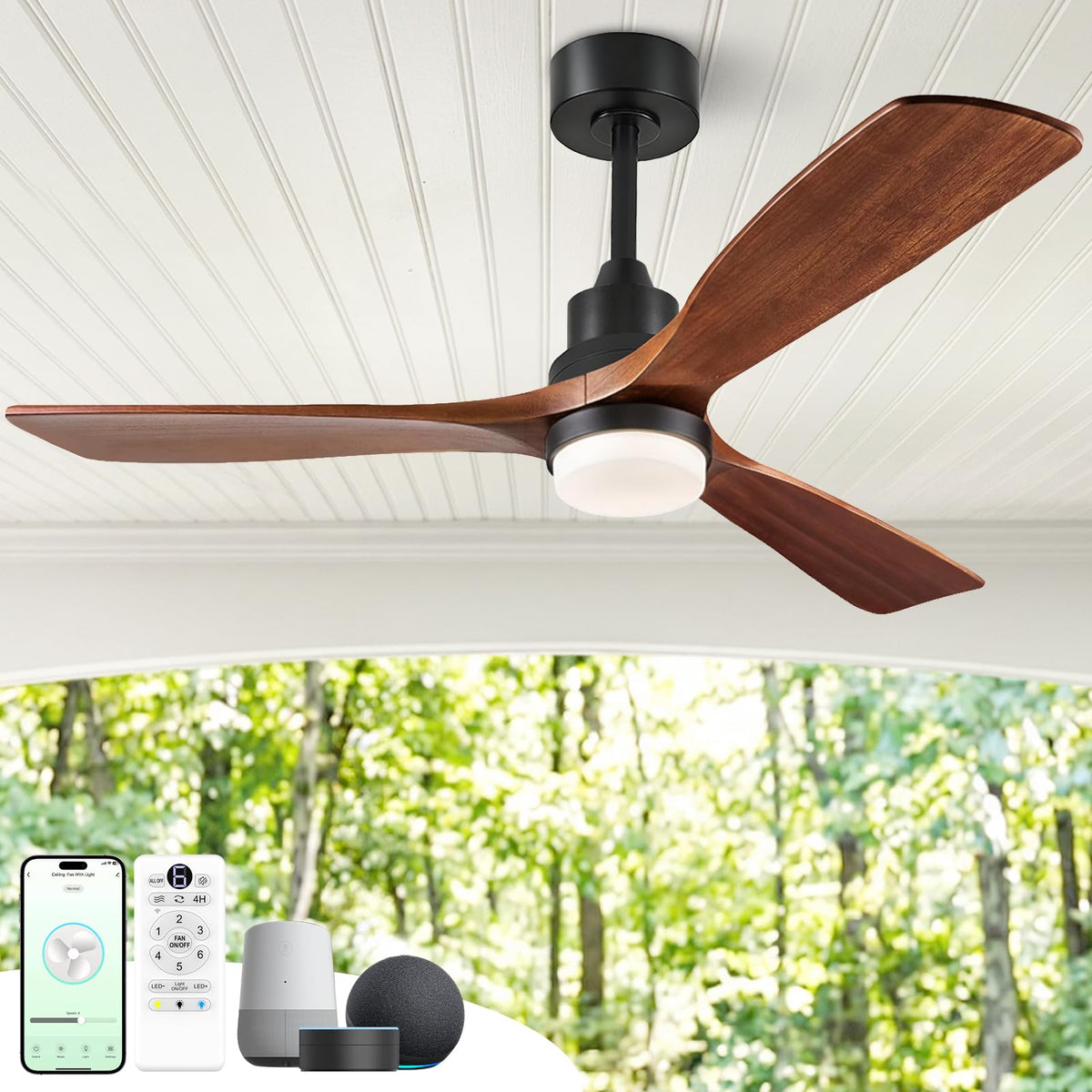 ORGINESE 52-inch outdoor ceiling fan with wood blades shows natural grain for rustic patio ambience.