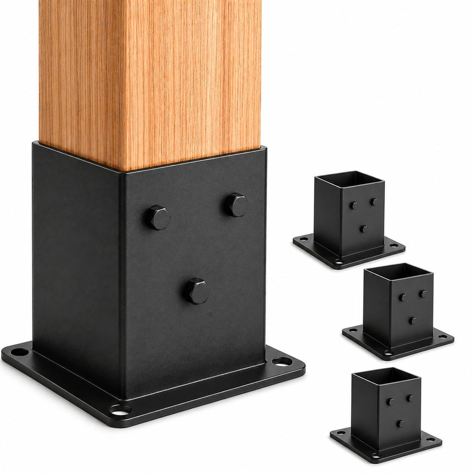 ORIGLE 4x4 post base closeup shows durable steel and matte black finish for outdoor stability.