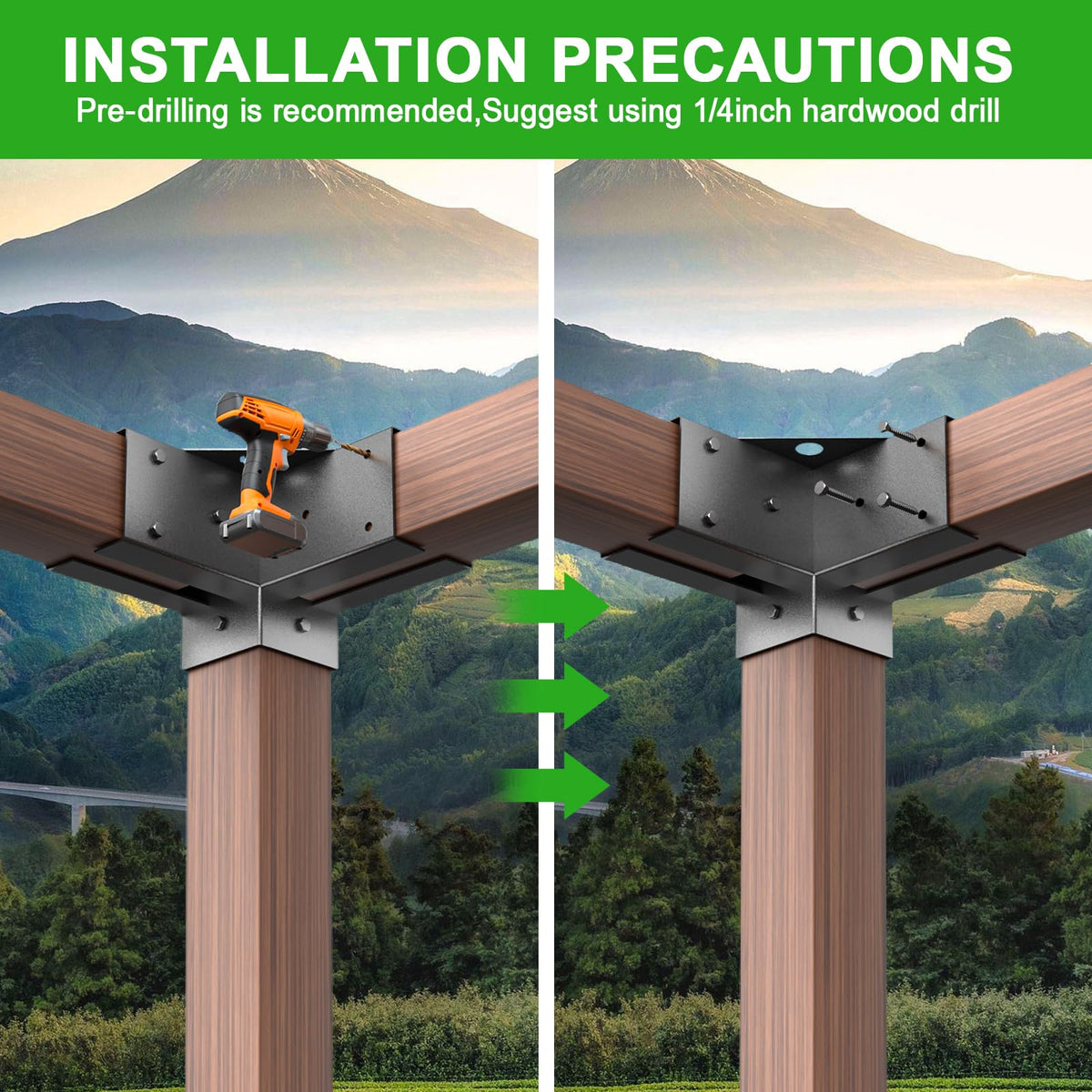 Origle pergola brackets include pre-drilled holes and screws for quick assembly.