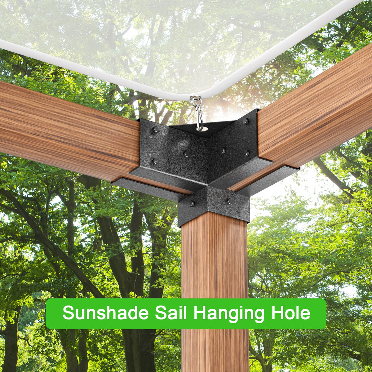 Origle pergola brackets laser-cut cut-outs provide alignment visibility during setup.