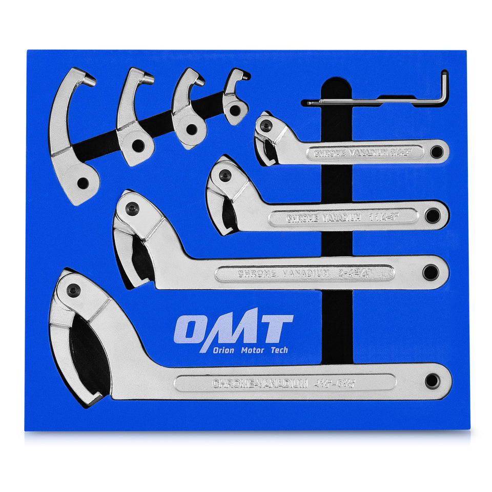 Orion Motor Tech 8pc adjustable pin spanner set for versatile pipe and nut access.