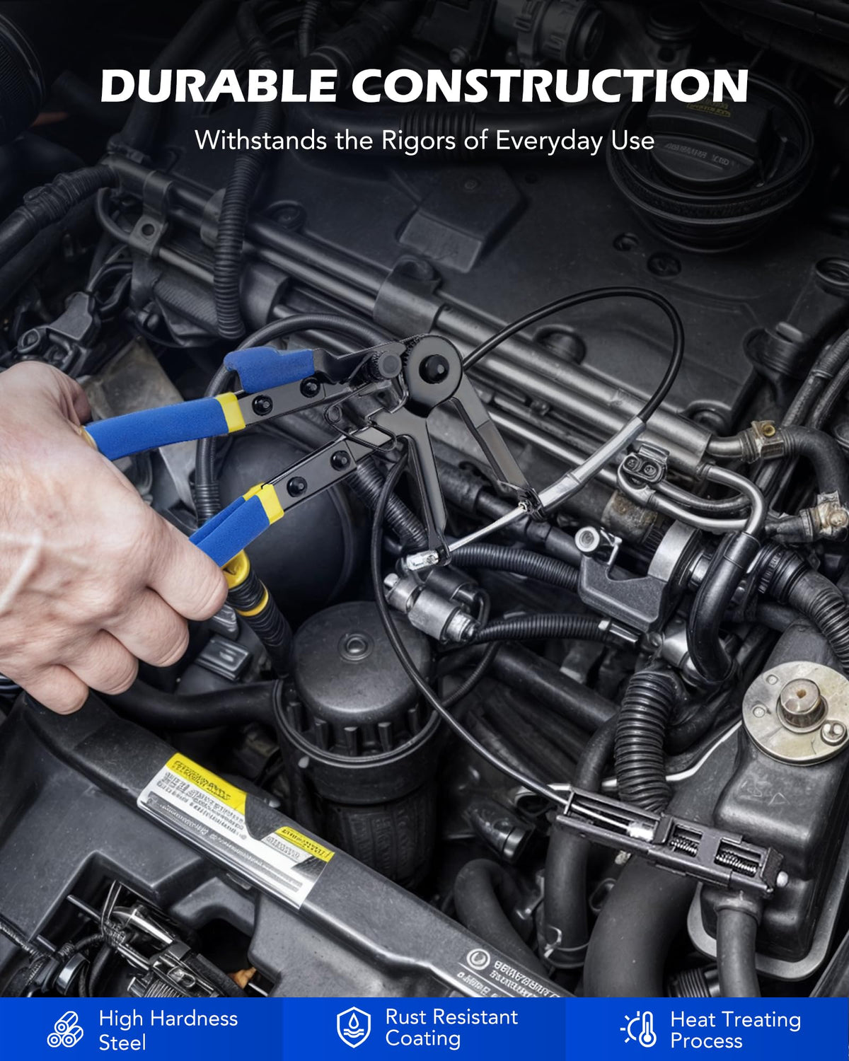 Orion Motor Tech angled flat-band pliers reach angled clamps confidently.