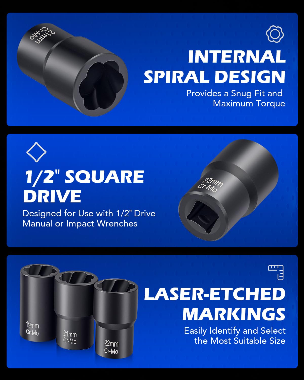 Orion Motor Tech chrome-moly steel sockets for durable performance.