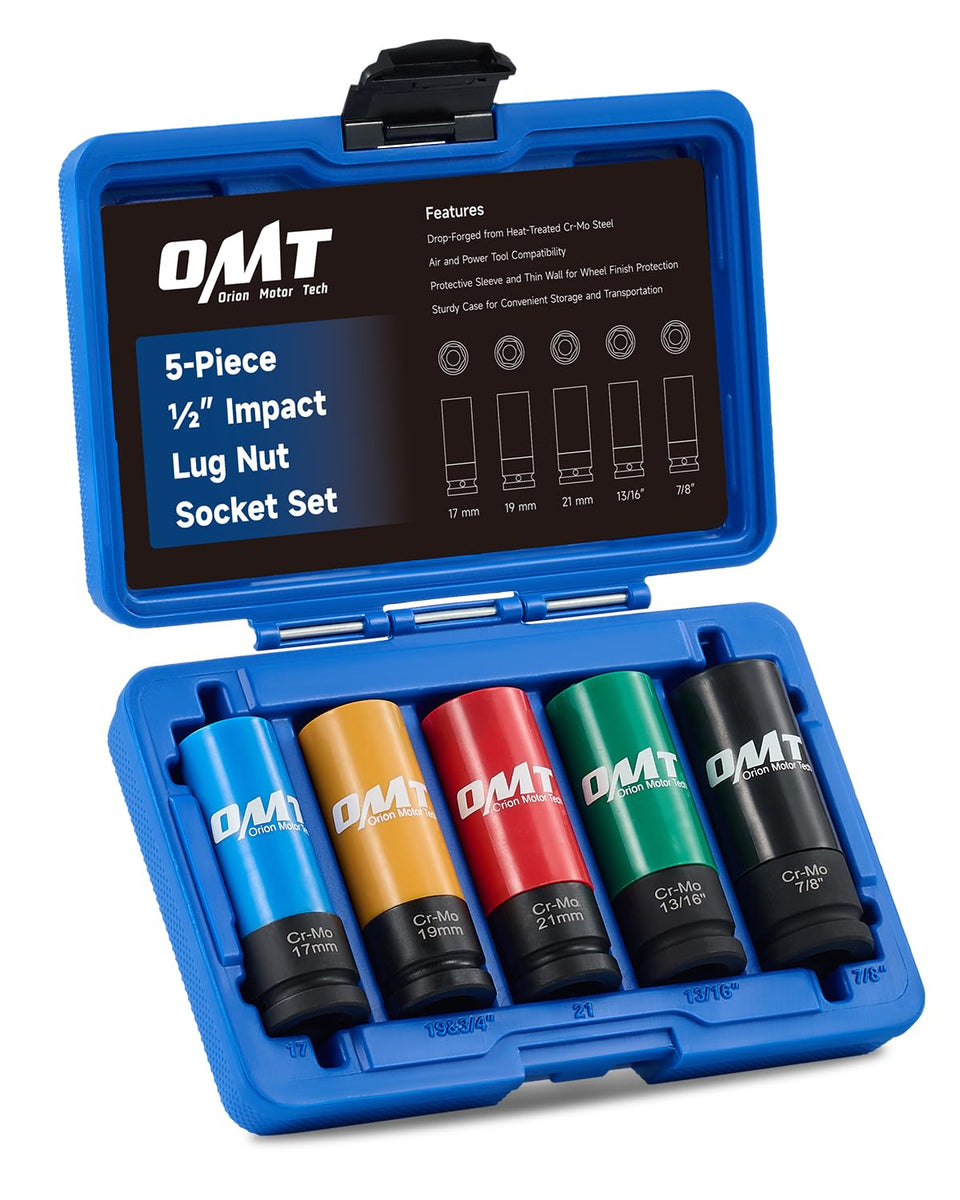 Orion Motor Tech half-inch drive lug nut sockets set with five common sizes.