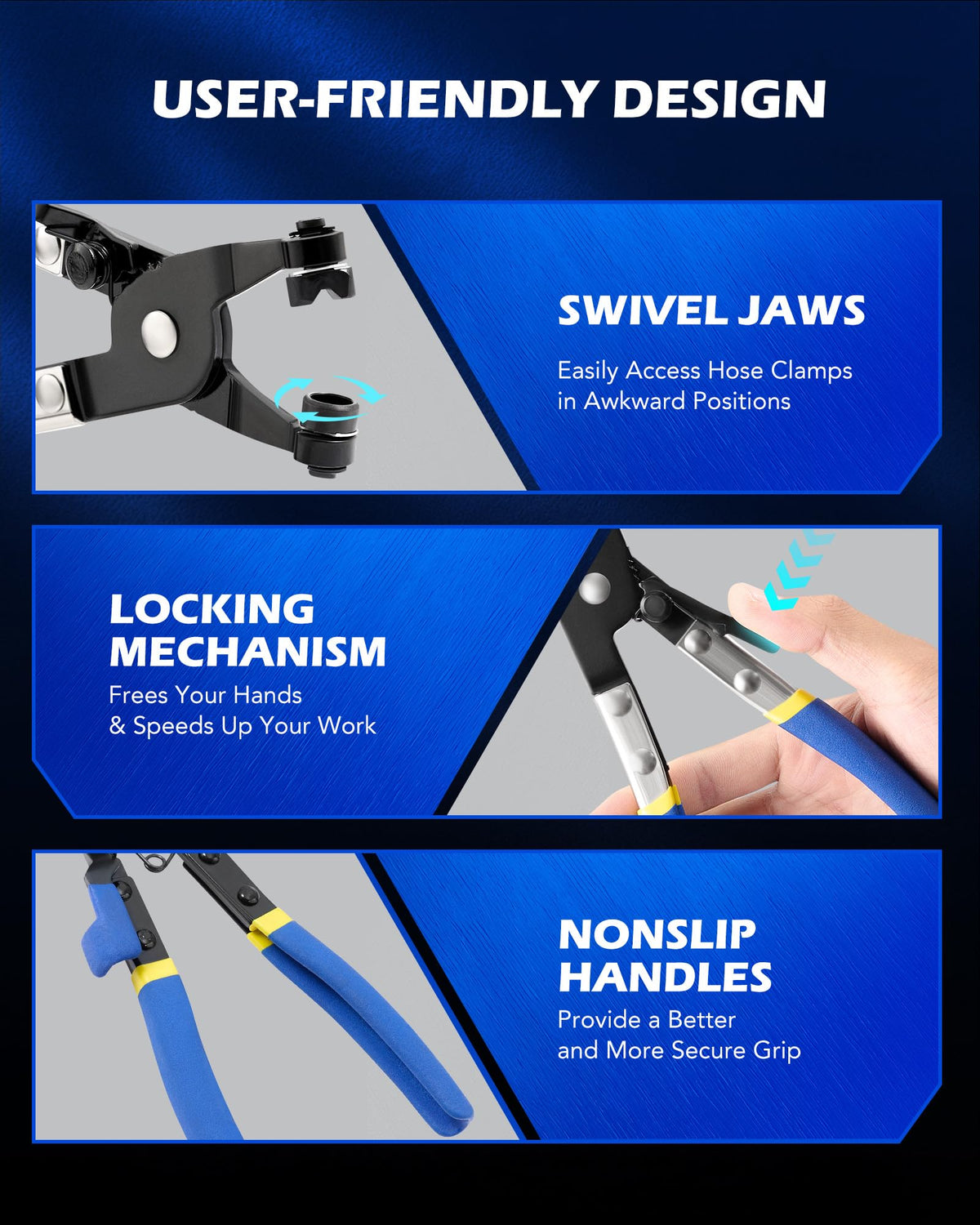 Orion Motor Tech hose-removal pliers simplify removing stubborn hoses.