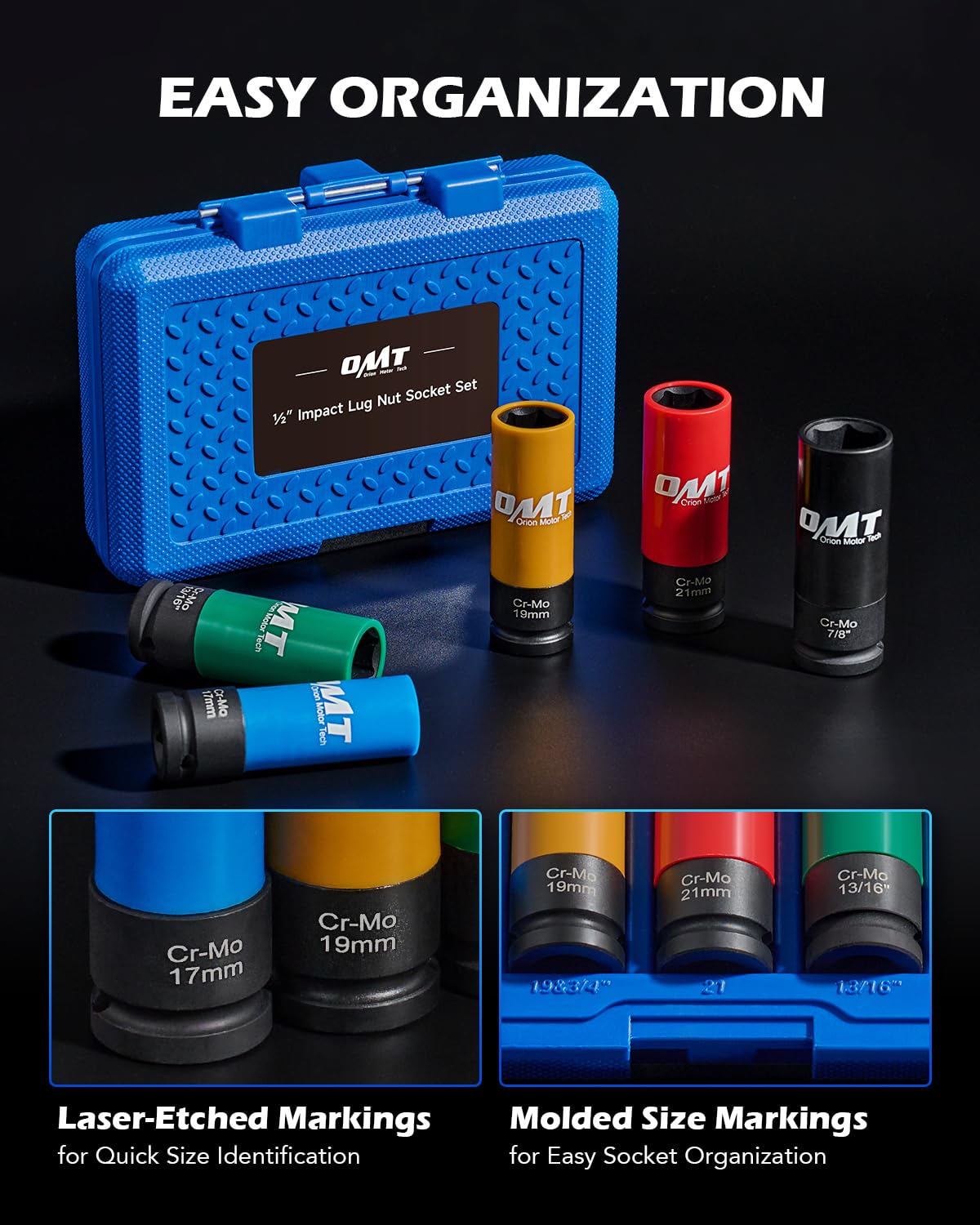 Orion Motor Tech laser-etched sizes with blow-molded case.